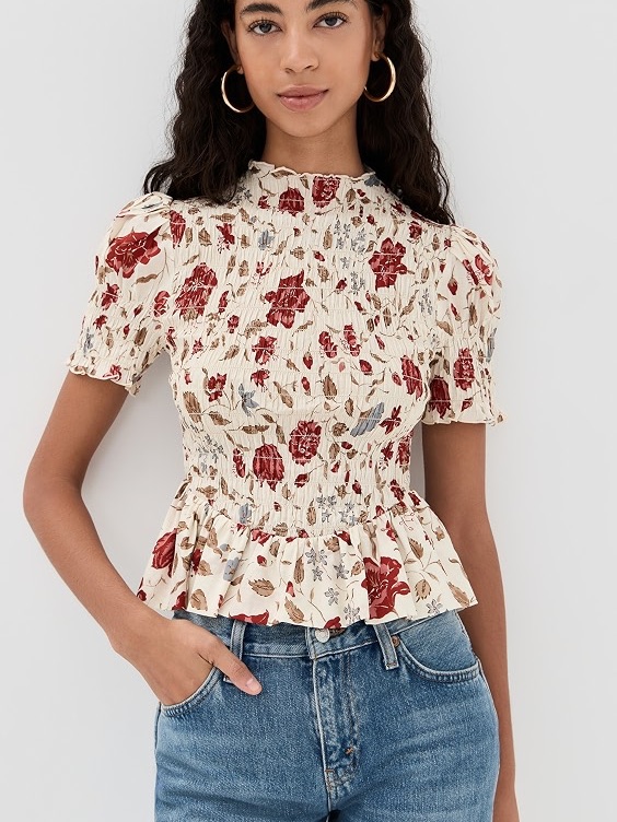 Smocked Peplum Floral Top In Cream And Red